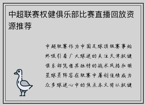 中超联赛权健俱乐部比赛直播回放资源推荐