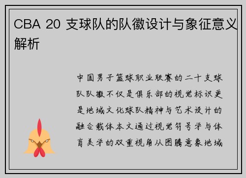 CBA 20 支球队的队徽设计与象征意义解析