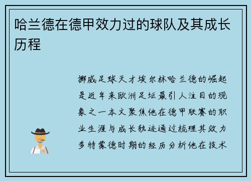 哈兰德在德甲效力过的球队及其成长历程